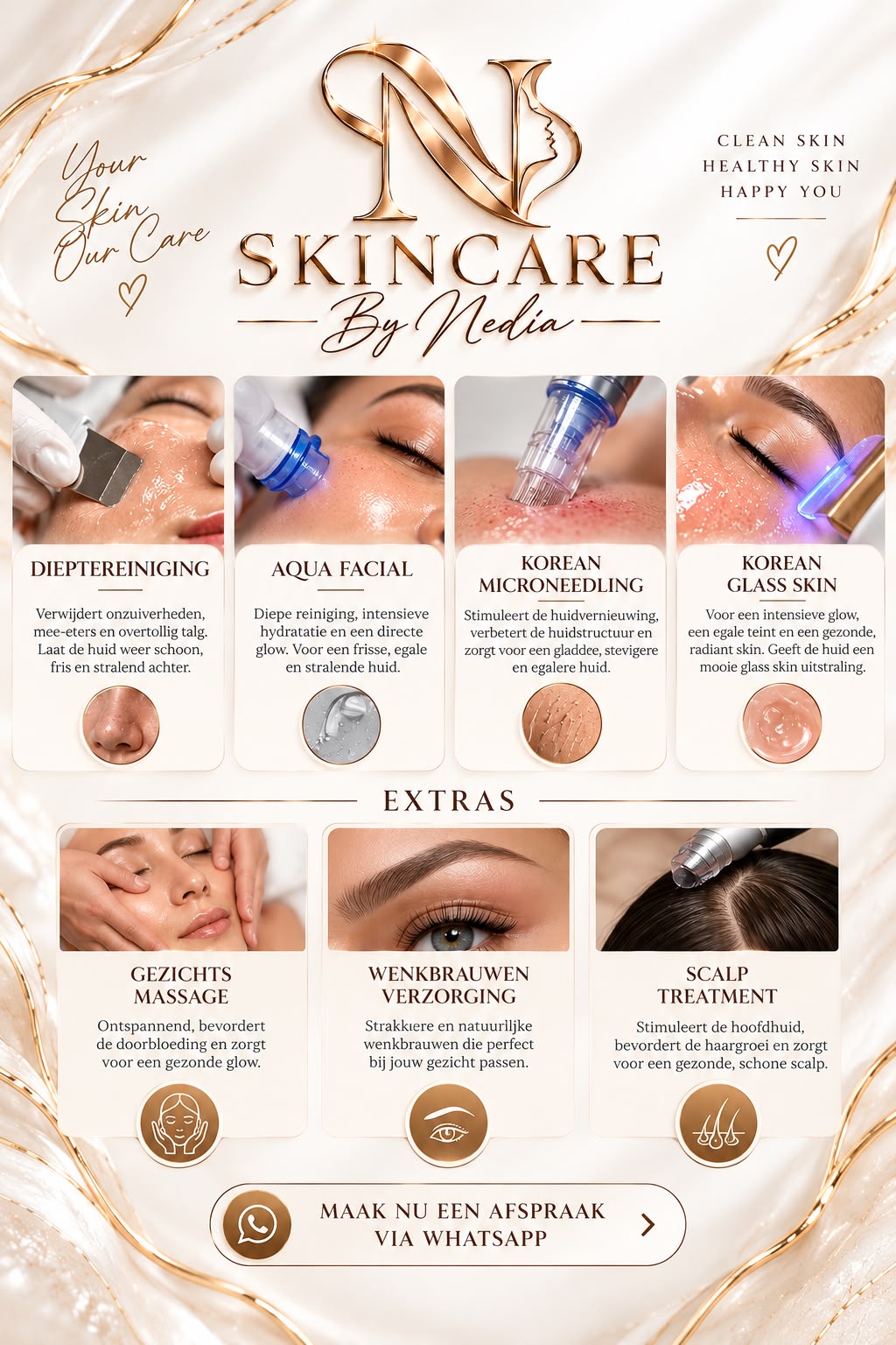 Overzicht van gezichtsbehandelingen en extra’s bij Skincare By Nedia